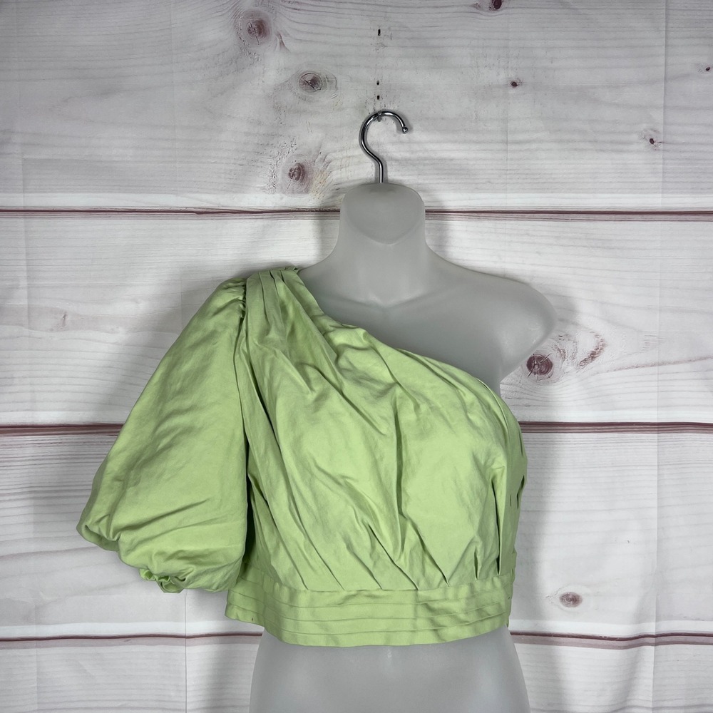 DO+BE One Shoulder Top Womens M Green Solid Puff Sleeve Blouse Cropped Lined